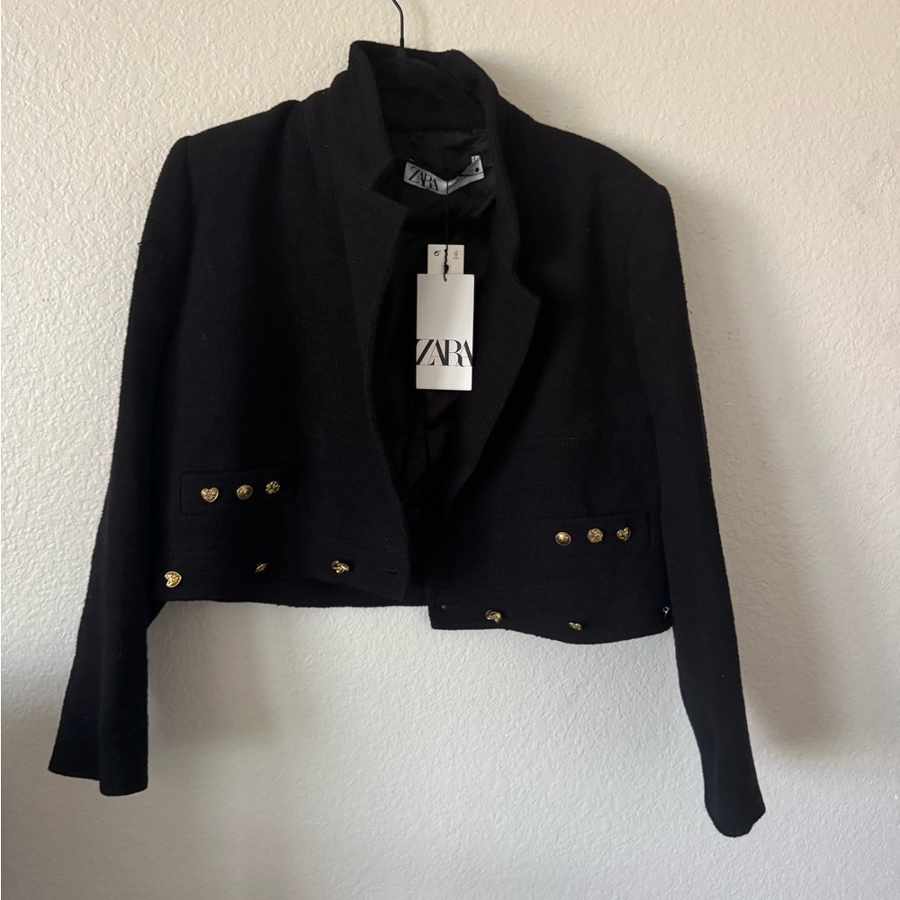 Zara Black cropped Blazer with Gold Buttons